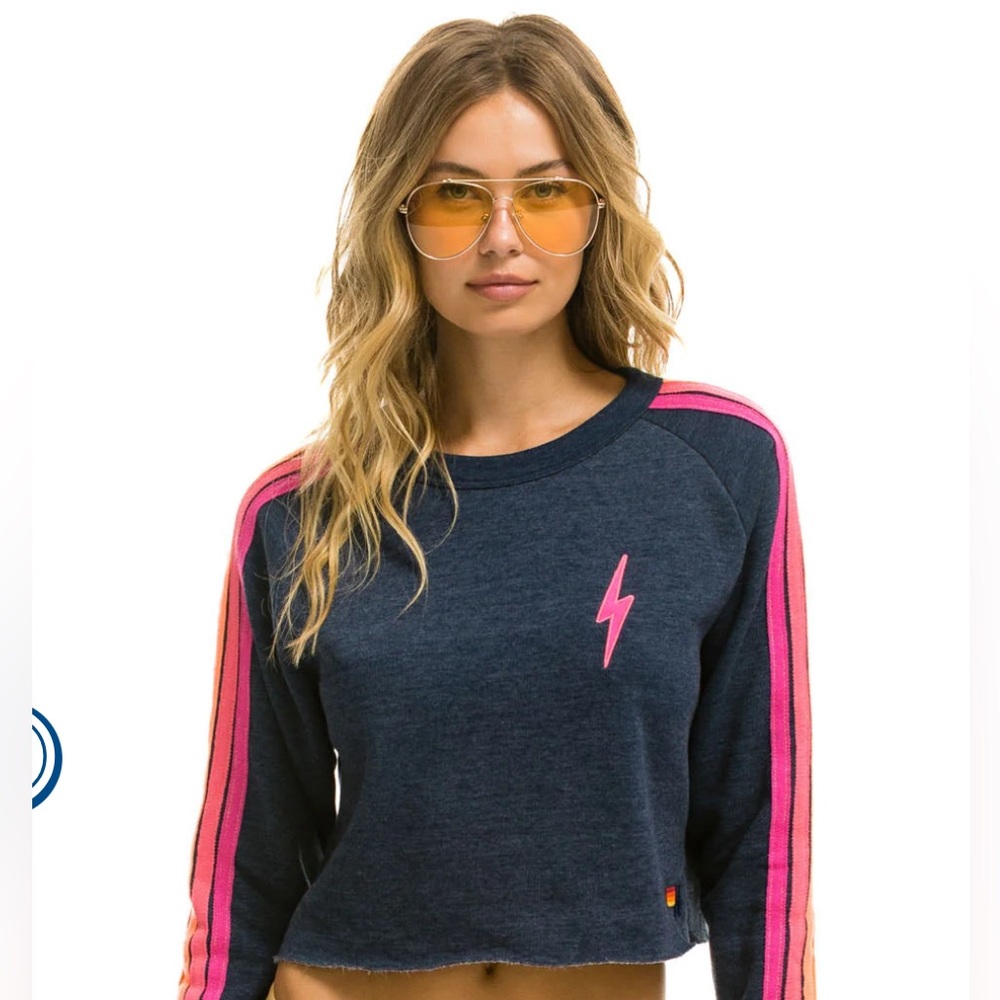 Aviator Nation BOLT EMBROIDERY CLASSIC CROPPED → CREW SWEATSHIRT - HEATHER NAVY